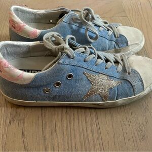 Golden Goose Superstar Sneakers in Denim Blue with Glittering Stars and Florals